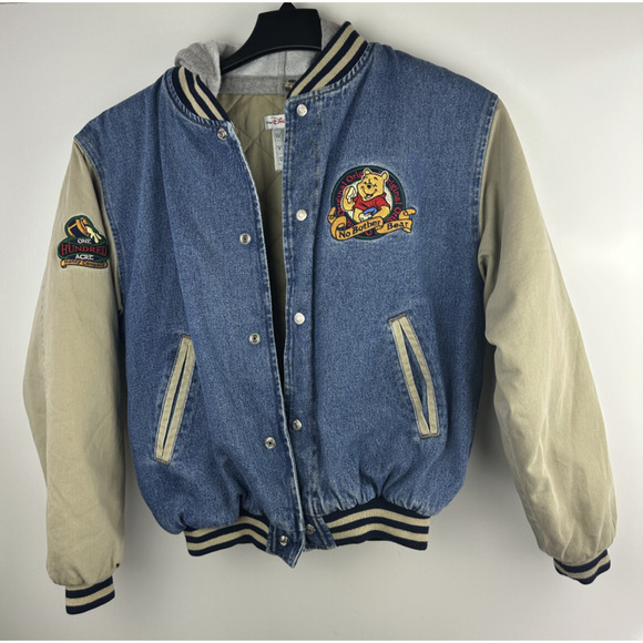 VTG Disney Store Winnie The Pooh Patch No Bother Bear Snap Denim Bomber Jacket S - Picture 16 of 16